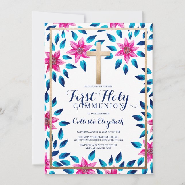 Pink Blue Flowers Leaves Gold Cross Communion Invitation (Front)