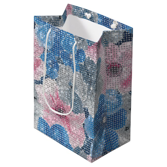Pink Blue Flowers Medium Gift Bag (Front Angled)
