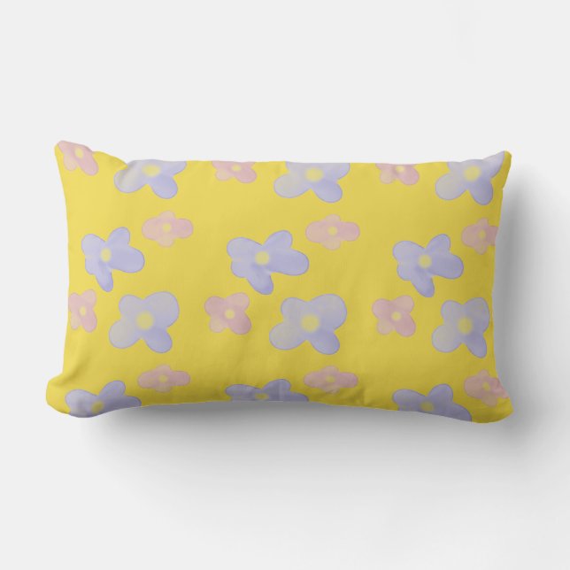Pink Blue Flowers on Bright Yellow Lumbar Cushion (Front)