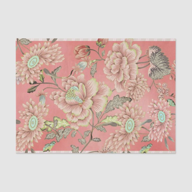 Pink Blue Flowers on Coral Background Tissue Paper (Front)