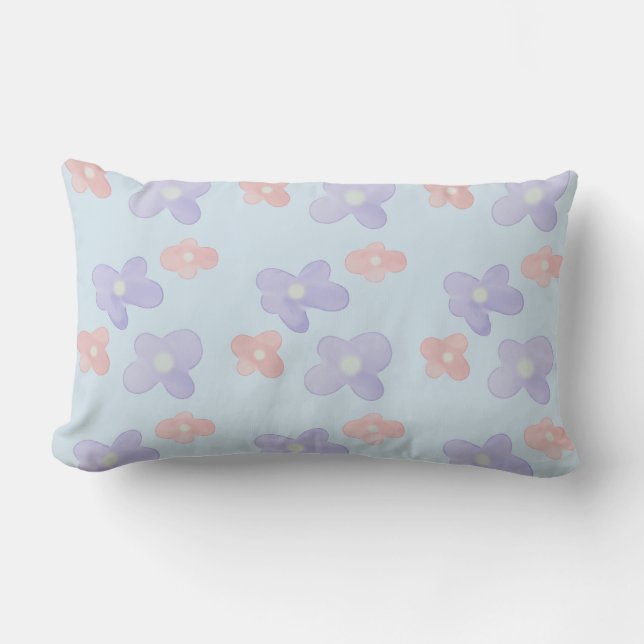 Pink Blue Flowers on Pastel Blue Lumbar Cushion (Front)