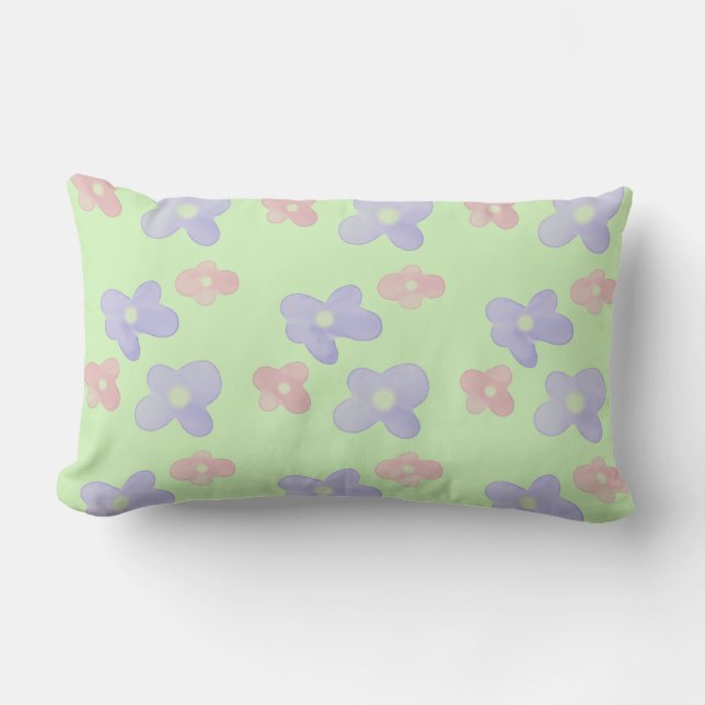 Pink Blue Flowers on Pastel Green Lumbar Cushion (Front)