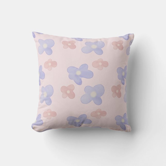 Pink Blue Flowers on Pastel Pink Cushion (Front)