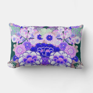 PINK BLUE FLOWERS Peony,Roses Japanese Floral Lumbar Cushion
