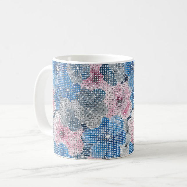 Pink Blue Flowers Sparkle Coffee Mug (Front Left)