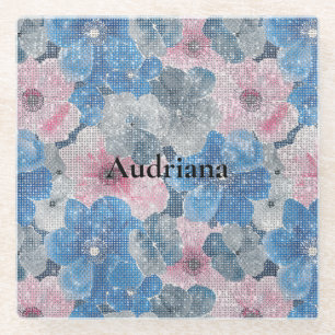 Pink Blue Flowers Sparkle Glass Coaster