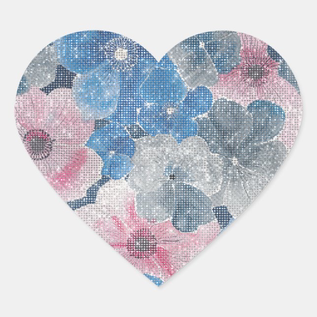 Pink Blue Flowers Sparkle Heart Sticker (Front)