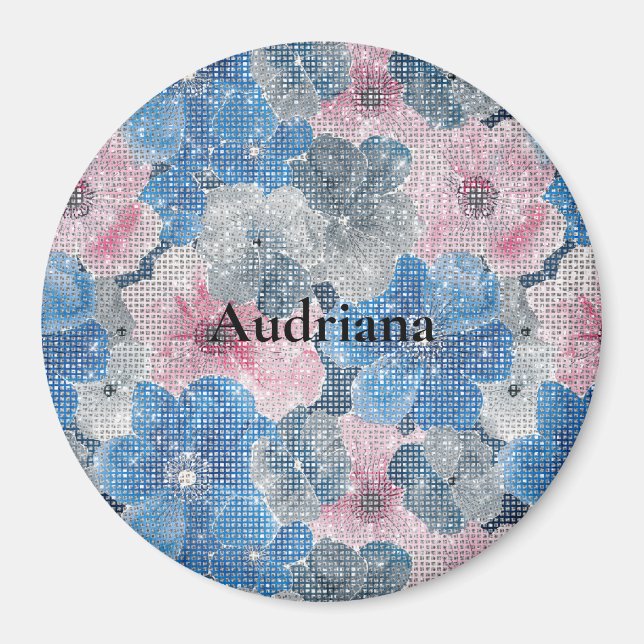Pink Blue Flowers Sparkle Magnet (Front)