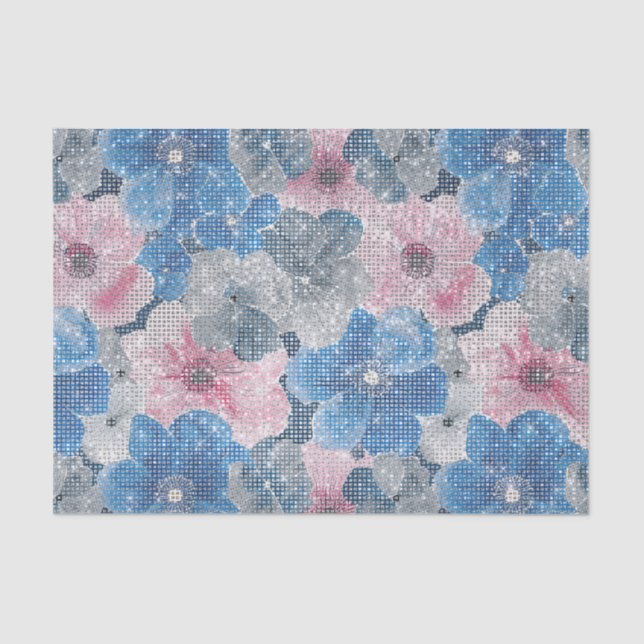 Pink Blue Flowers Sparkle Tissue Paper (Front)