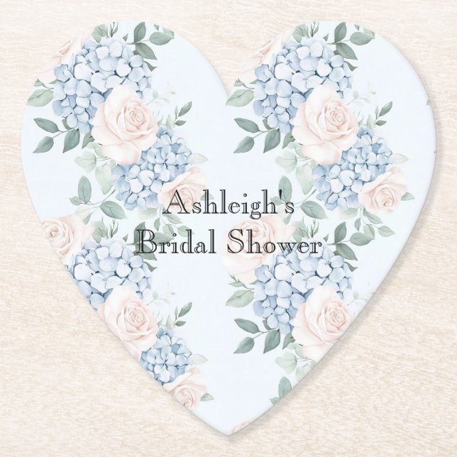 Pink Blue Flowers Stripes Bridal Shower Paper Coaster (Front)