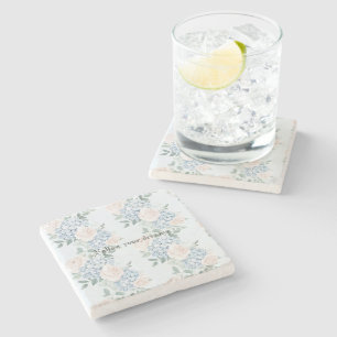 Pink Blue Flowers Stripes Stone Coaster