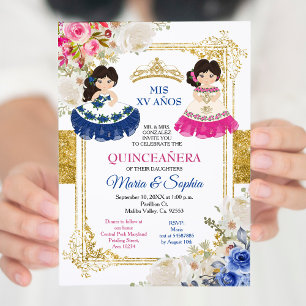 Pink & Blue Flowers Twin Quinceanera  Invitation