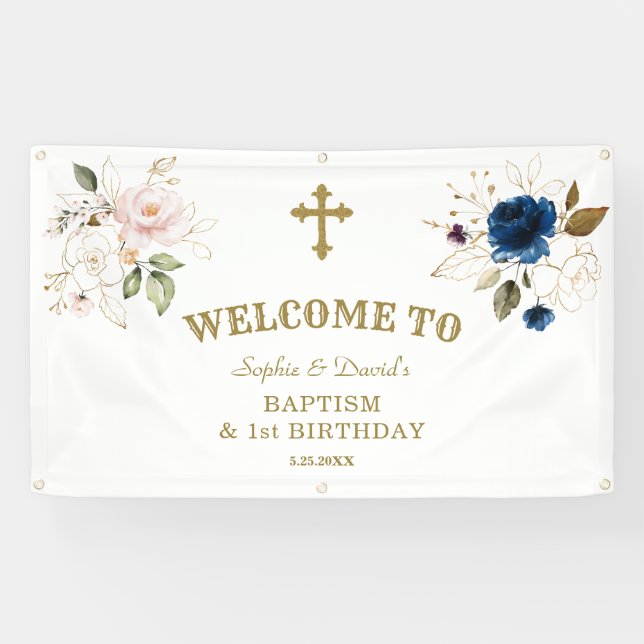 Pink Blue Flowers Twins 1st Birthday Welcome Sign (Horizontal)