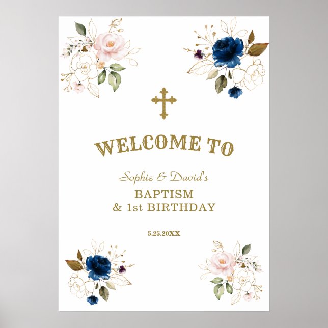 Pink Blue Flowers Twins 1st Birthday Welcome Sign (Front)