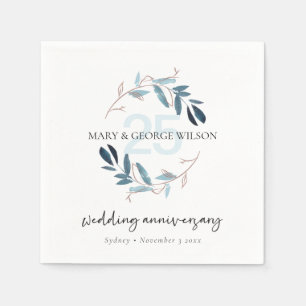 PINK BLUE FOLIAGE WREATH ANY YEAR 25 ANNIVERSARY NAPKIN