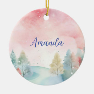 Pink & Blue Frosted watercolor trees Ceramic Tree Decoration