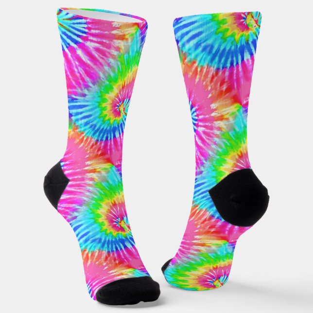 Pink & Blue Fun Retro Girly Tie Dye Spirals Socks (Angled)