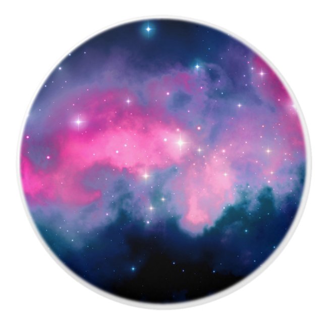Pink & Blue Galaxy Nebula & Stars Abstract Ceramic Knob (Front)