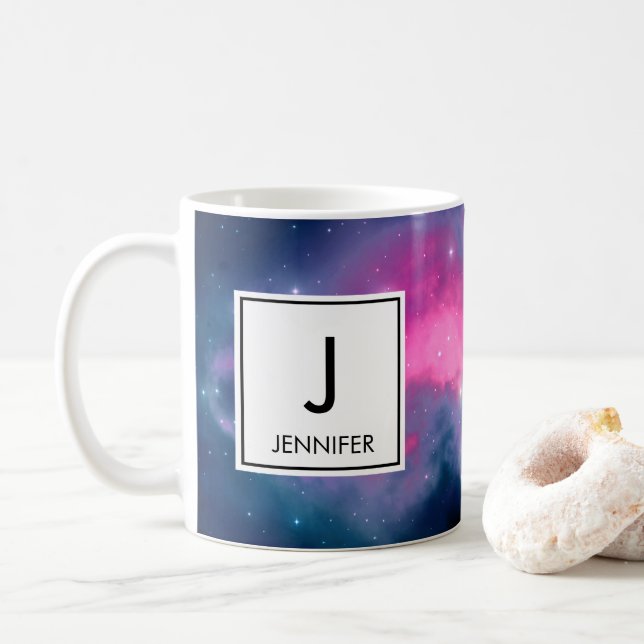 Pink & Blue Galaxy Nebula & Stars Abstract Coffee Mug (With Donut)