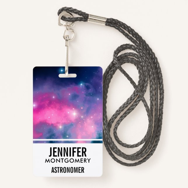 Pink & Blue Galaxy Nebula & Stars Abstract ID Badge (Front with Lanyard)