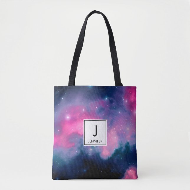 Pink & Blue Galaxy Nebula & Stars Abstract Tote Bag (Front)