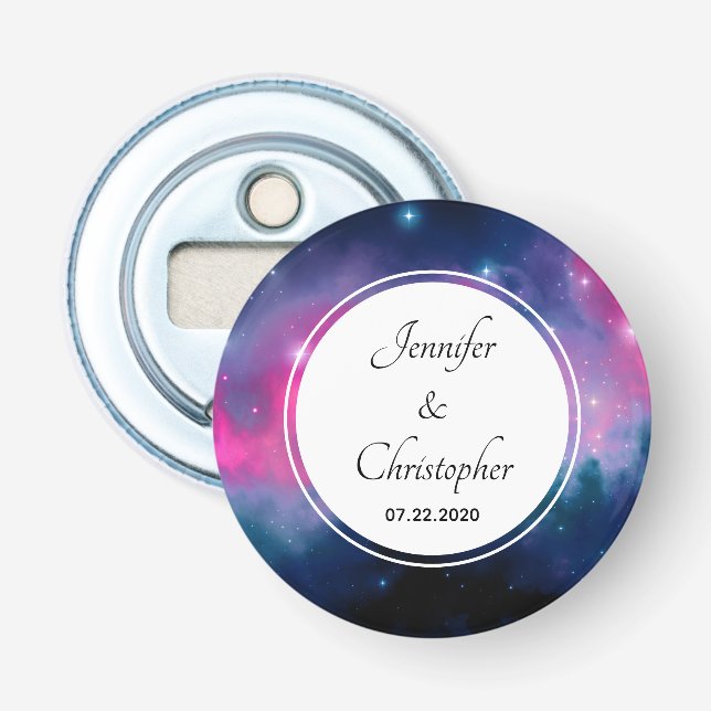 Pink & Blue Galaxy Nebula & Stars Abstract Wedding Bottle Opener (Front)
