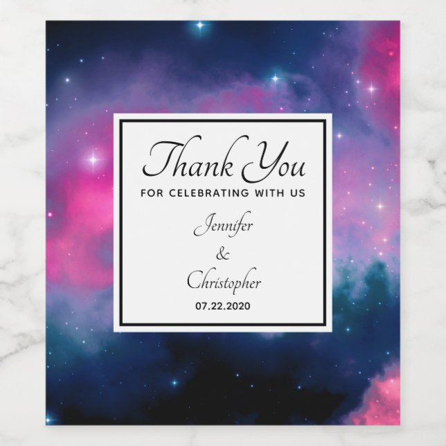 Pink & Blue Galaxy Nebula & Stars Abstract Wedding Wine Label (Single Label)