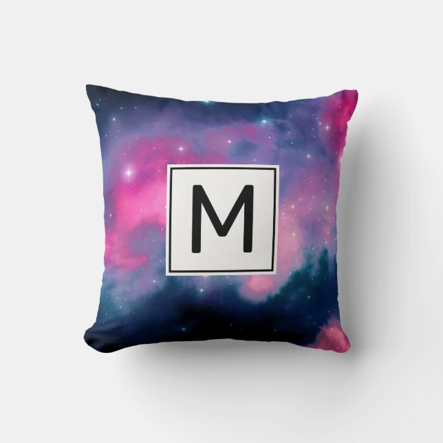 Pink & Blue Galaxy & Stars Abstract Monogram Cushion (Front)