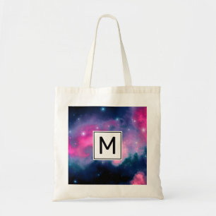 Pink & Blue Galaxy & Stars Abstract Monogram Tote Bag