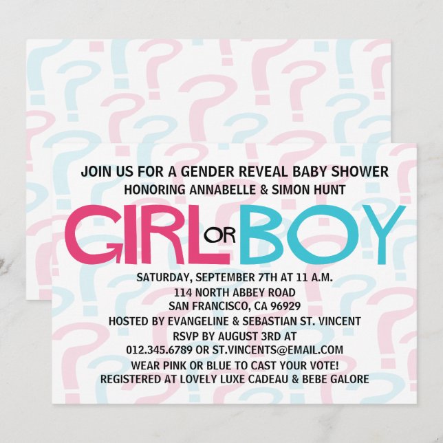 Pink & Blue Gender Reveal Baby Shower Party Invitation (Front/Back)