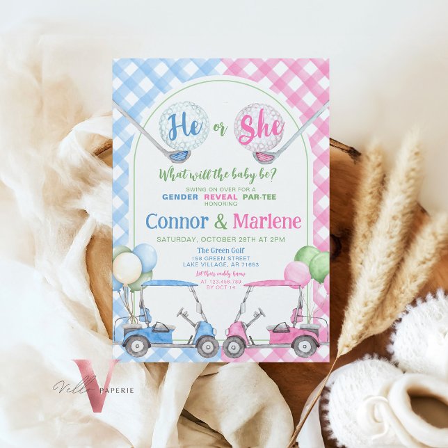 Pink Blue Gender Reveal Golf Par-TEE Baby Shower Invitation (Creator Uploaded)