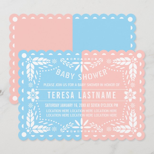 Pink, blue gender reveal papel picado baby shower invitation (Front/Back)