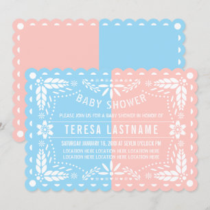 Pink, blue gender reveal papel picado baby shower invitation