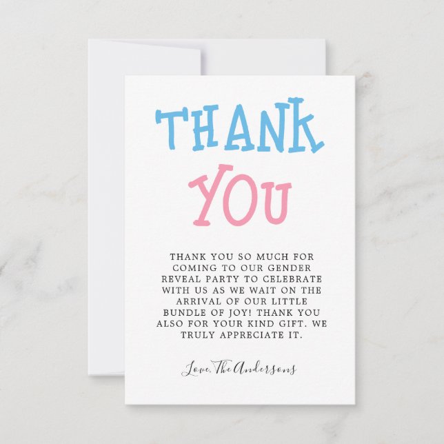 Pink Blue Gender Reveal Party Thank You Card (Front)