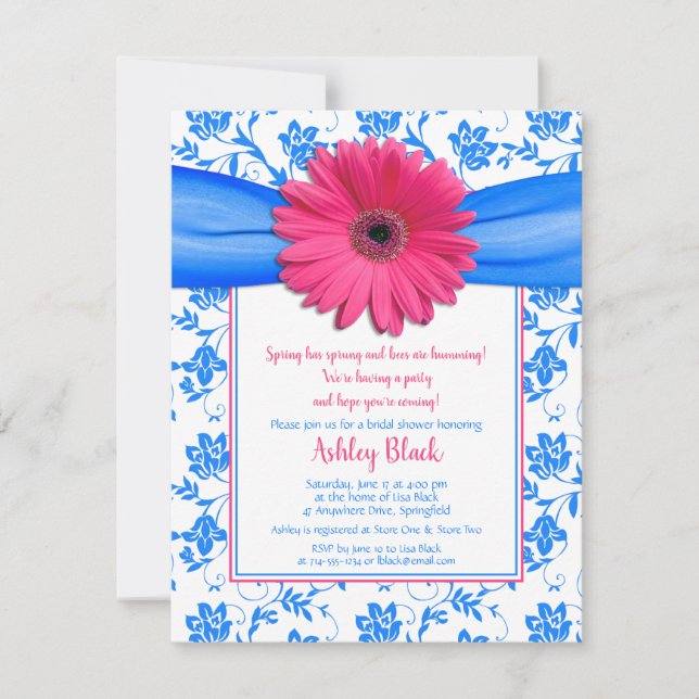 Pink Blue Gerbera Daisy Bridal Shower Invitation (Front)
