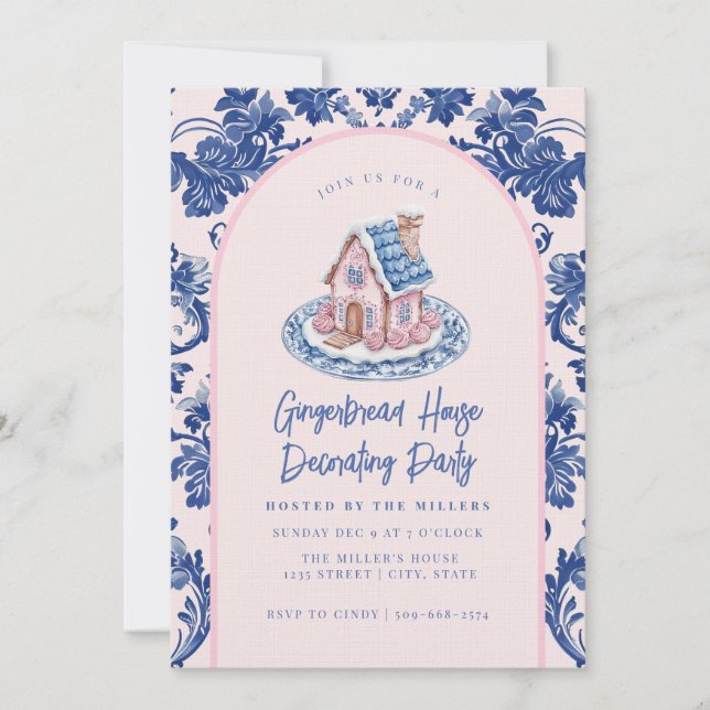 Pink & Blue Gingerbread House Decorating Party Invitation (Front)