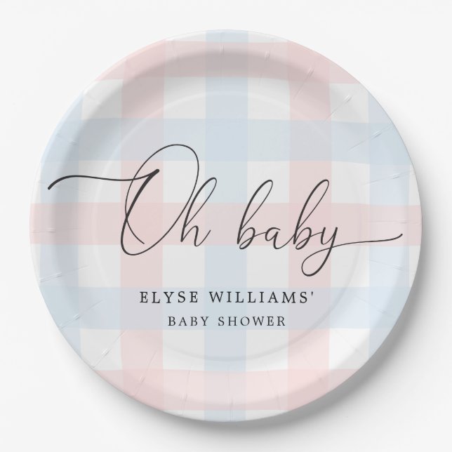 Pink Blue Gingham Oh Baby Paper Plate (Front)