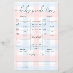 Pink Blue Gingham Twins Baby Predictions Game