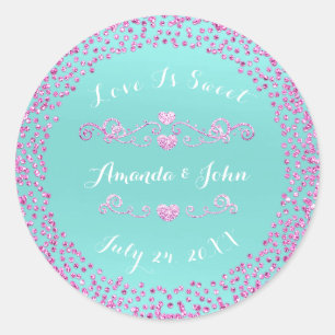 Pink Blue Glitter Save the Date Love is Sweet Classic Round Sticker