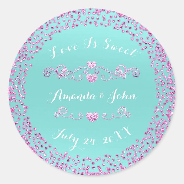 Pink Blue Glitter Save the Date Love is Sweet Classic Round Sticker (Front)