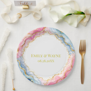 Pink Blue Gold Agate Wedding Paper Plate