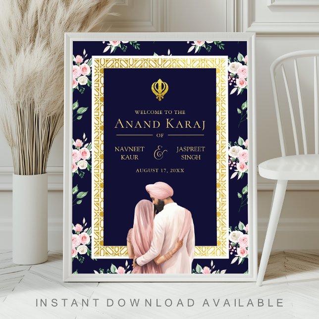 Pink Blue Gold Anand Karaj Wedding Welcome Sign (Creator Uploaded)