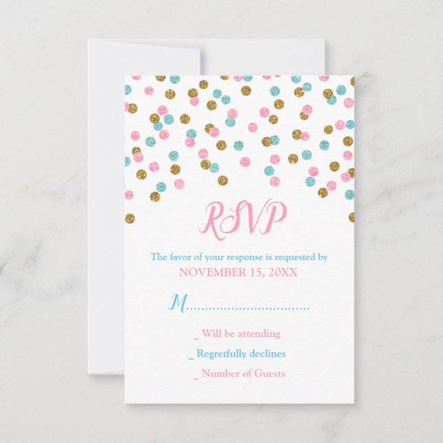 Pink Blue Gold Confetti Baby Shower RSVP Cards (Front)