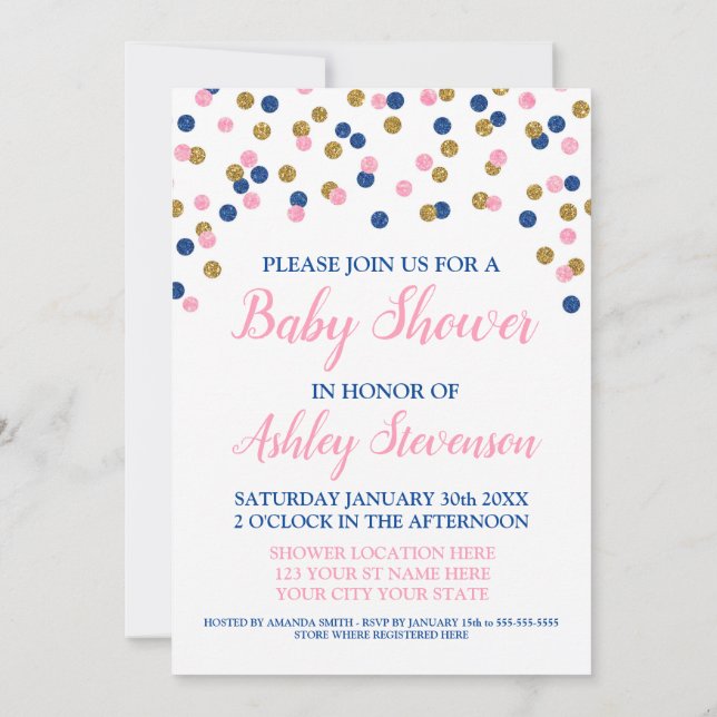 Pink Blue Gold Confetti Gender Neutral Shower Invitation (Back)