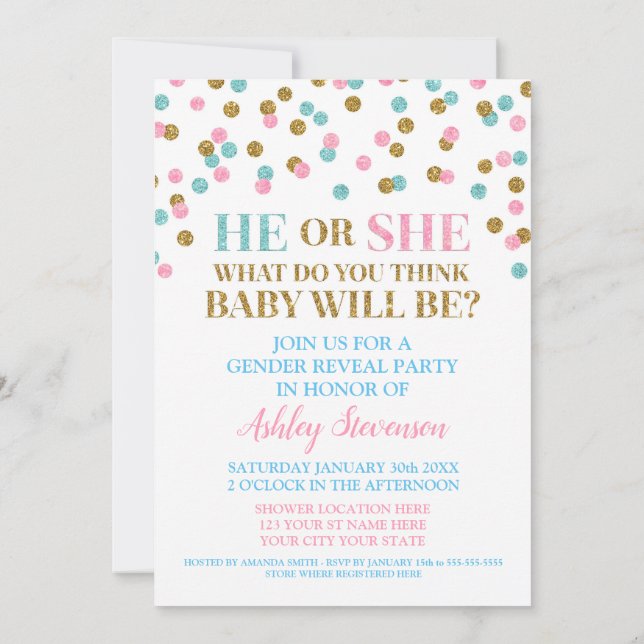 Pink Blue Gold Confetti Gender Reveal Baby Shower Invitation (Back)