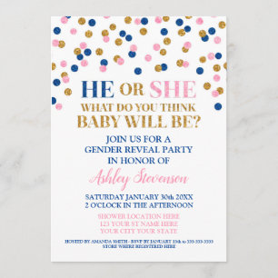 Pink Blue Gold Confetti Gender Reveal Shower Invitation
