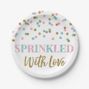 Pink Blue Gold Confetti Sprinkled with Love Paper Plate