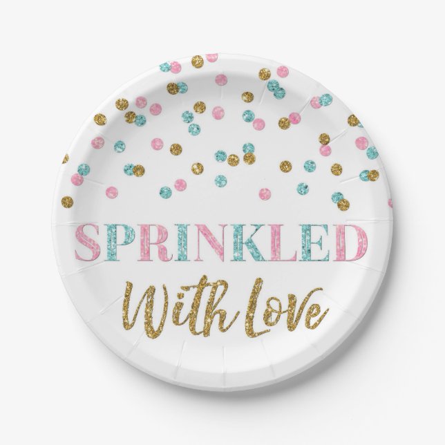 Pink Blue Gold Confetti Sprinkled with Love Paper Plate (Front)