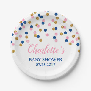 Pink Blue Gold Dots Gender Reveal Baby Shower Paper Plate