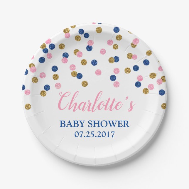 Pink Blue Gold Dots Gender Reveal Baby Shower Paper Plate (Front)